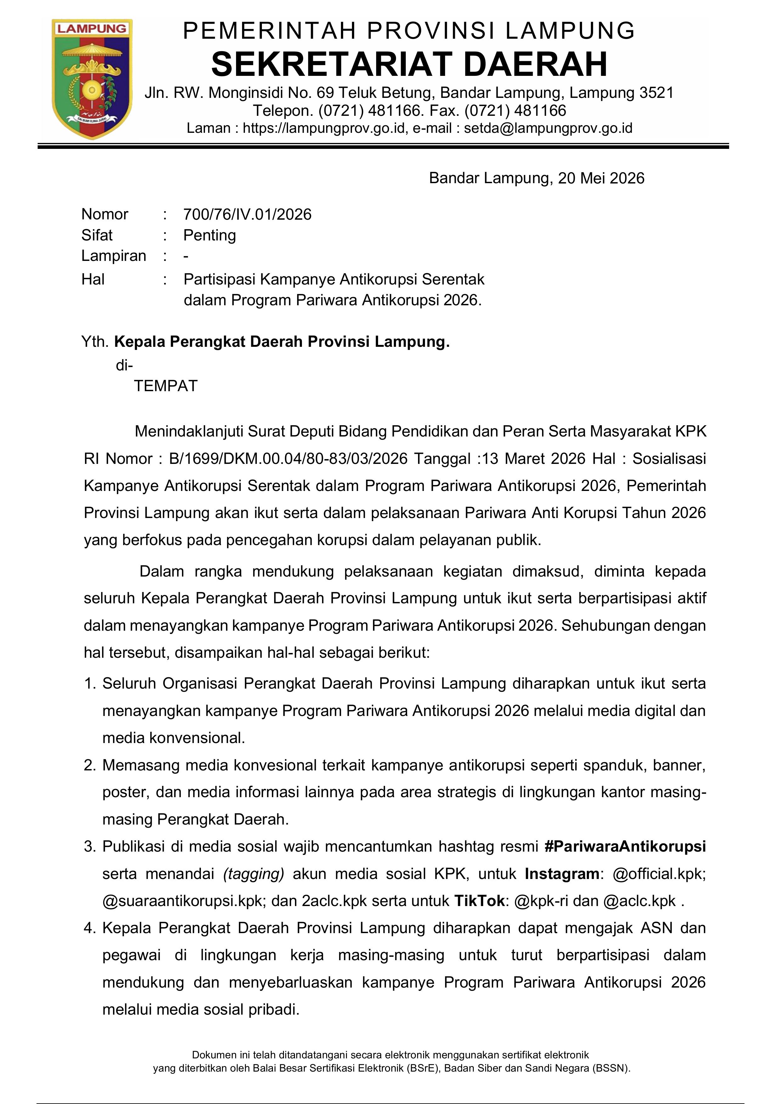 Pemprov Lampung Dukung Program Pariwara Antikorupsi 2026, Seluruh OPD Diminta Aktif Kampanyekan Pencegahan Korupsi